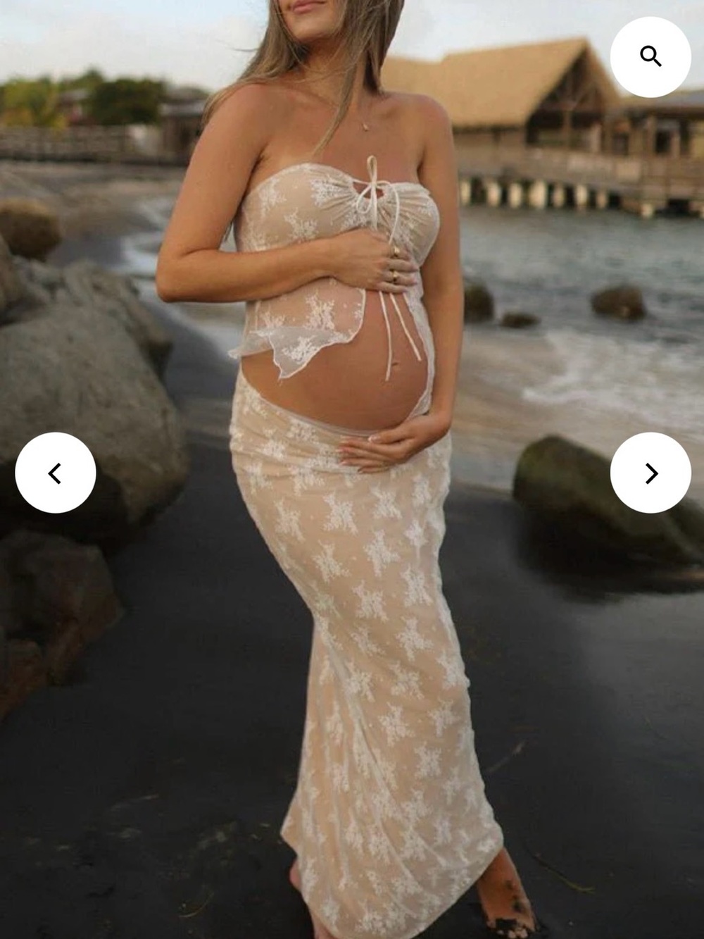Sheer Lace Strapless Maternity Maxi Dress in Nude